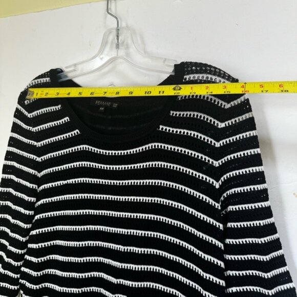 FEMME Open Knit Sheer Back Detail Striped Sweater Crew Lightweight Coastal Top M - Picture 13 of 15